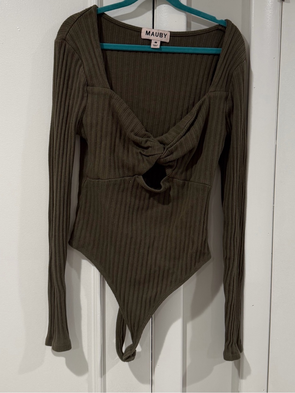 Mauby Olive Ribbed Twist-Knot Long-Sleeve Bodysuit